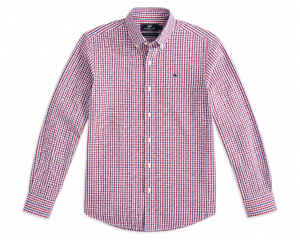Vineyard Vines Boys Youth 12-14 Gingham Plaid Red White Blue Button Down Shirt